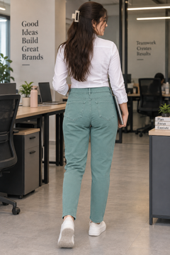 Sage Green Slim Fit Pull-On Pants With 2 Back Pocket - W-123