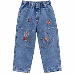 Acid Wash Baggy Denim Jeans with Cartoon Patches - K-144