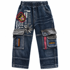 Denim Cargo Pants with Patches - K-154