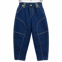 Elastic Waist Denim Pants with Contrast Stitching 2 Front Pocket - K-129