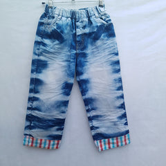 Denim Pants with Checkered Cuffs And Side Back Pocket - K-139
