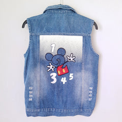 Sleeveless Denim Jacket Vest - Mickey Embroidery 4 Pockets - K-206