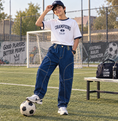 Elastic Waist Denim Pants with Contrast Stitching 2 Front Pocket - K-129