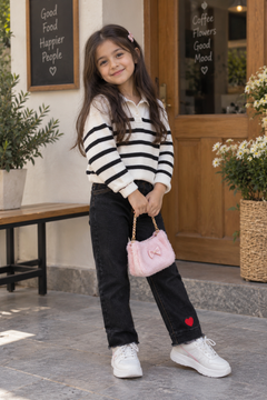 Black Denim Jeans with Red Heart Patch - K-150