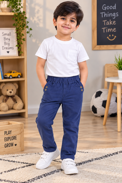 Elastic Waist Cotton Pants with Button And 2 Front Pocket - K-133