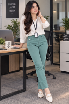 Sage Green Slim Fit Pull-On Pants With 2 Back Pocket - W-123