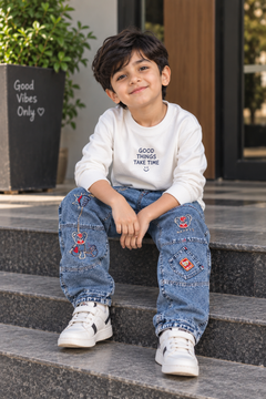 Acid Wash Baggy Denim Jeans with Cartoon Patches - K-144