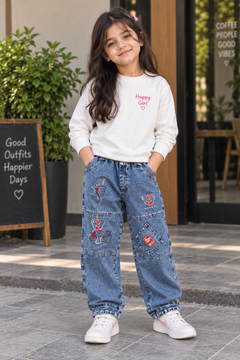 Acid Wash Baggy Denim Jeans with Cartoon Patches - K-144