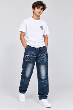 Dark Wash Printed Denim Pants with Patch And Multi Pocket - K-158