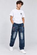Dark Wash Printed Denim Pants with Patch And Multi Pocket - K-158