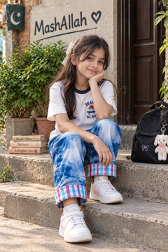 Denim Pants with Checkered Cuffs And Side Back Pocket - K-139