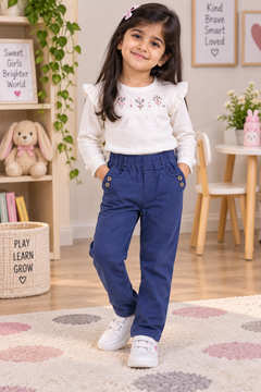 Elastic Waist Cotton Pants with Button And 2 Front Pocket - K-133