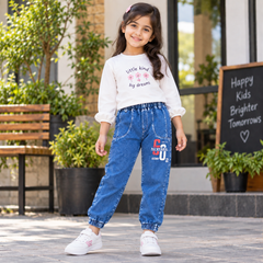 Jogger Style Denim Pant with 2 Back Pocket And Bold Print - K-123