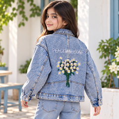 Kids Acid Wash Oversized Denim Jacket With Chest Embroidery - K-204