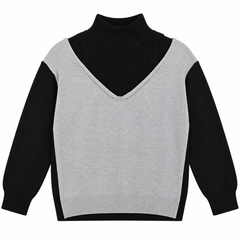 Black & Grey 2-in-1 Double Layer Illusion High Neck Sweater -W-176
