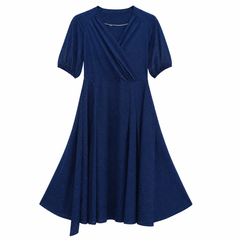 Glitter Wrap Dress - Faux Wrap Puff Sleeves, Flared Midi - W-73