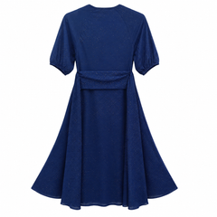Glitter Wrap Dress - Faux Wrap Puff Sleeves, Flared Midi - W-73