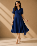 Glitter Wrap Dress - Faux Wrap Puff Sleeves, Flared Midi - W-73