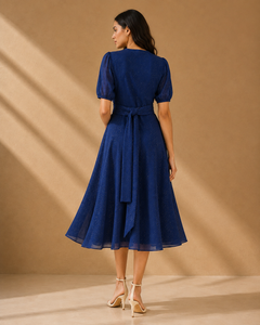 Glitter Wrap Dress - Faux Wrap Puff Sleeves, Flared Midi - W-73