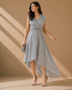 Glitter Wrap Dress Pleated Bodice, Asymmetric Hem, Lined - W-74