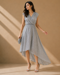 Glitter Wrap Dress Pleated Bodice, Asymmetric Hem, Lined - W-74