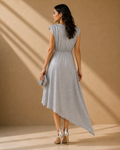 Glitter Wrap Dress Pleated Bodice, Asymmetric Hem, Lined - W-74