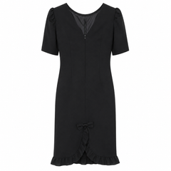 Georgette Dress - Puff Sleeves, Ruffle Hem, Bow Detail, Lined - W-75