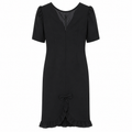 Georgette Dress - Puff Sleeves, Ruffle Hem, Bow Detail, Lined - W-75