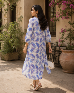 White Blue Paisley Printed Kurta - Tasseled Neck - W-77