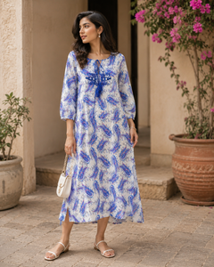 White Blue Paisley Printed Kurta - Tasseled Neck - W-77