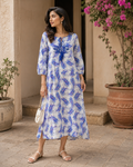 White Blue Paisley Printed Kurta - Tasseled Neck - W-77
