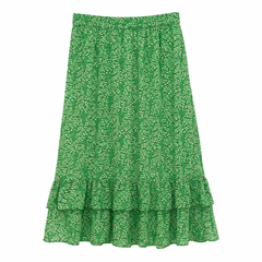 Green Printed Ruffle Hem Skirt - Elastic Waist, Tiered - W-78