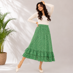 Green Printed Ruffle Hem Skirt - Elastic Waist, Tiered - W-78