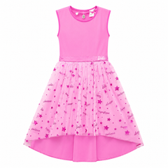 Bright Pink Sleeveless Dress With High-Low Shimmery Net Ghair - K-48