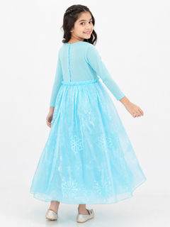 Ice Blue Gown - Full Sleeves, Attached Cape, Sequin, Snowflake Print - K-49