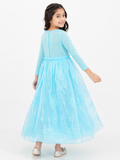 Ice Blue Gown - Full Sleeves, Attached Cape, Sequin, Snowflake Print - K-49