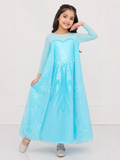 Ice Blue Gown - Full Sleeves, Attached Cape, Sequin, Snowflake Print - K-49