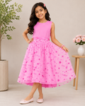 Bright Pink Sleeveless Dress With High-Low Shimmery Net Ghair - K-48