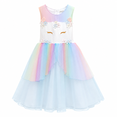 Rainbow Unicorn Dress - Sleeveless, Flower Applique, Tulle Ghair - K-50