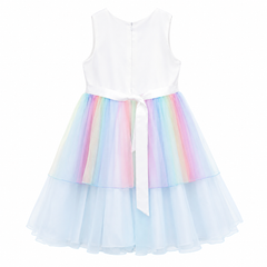 Rainbow Unicorn Dress - Sleeveless, Flower Applique, Tulle Ghair - K-50
