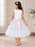 Rainbow Unicorn Dress - Sleeveless, Flower Applique, Tulle Ghair - K-50
