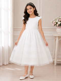 Organza Princess Gown - Cap Sleeve, Smocked Waist, Train - K-51