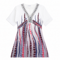 Geometric Print Dress - V-Neck Stone Work, Empire Waist - W-69