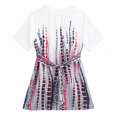 Geometric Print Dress - V-Neck Stone Work, Empire Waist - W-69
