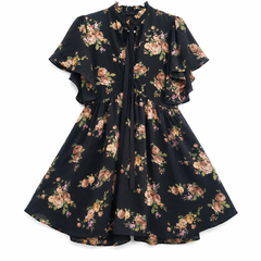 Floral Georgette Dress - Frill Neck Tie, Flutter Sleeves, Vintage Print - W-70