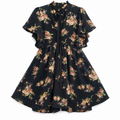 Floral Georgette Dress - Frill Neck Tie, Flutter Sleeves, Vintage Print - W-70