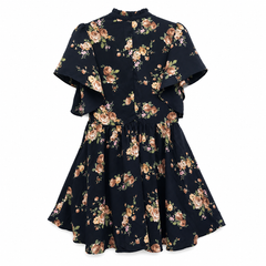 Floral Georgette Dress - Frill Neck Tie, Flutter Sleeves, Vintage Print - W-70