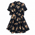 Floral Georgette Dress - Frill Neck Tie, Flutter Sleeves, Vintage Print - W-70