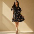 Floral Georgette Dress - Frill Neck Tie, Flutter Sleeves, Vintage Print - W-70