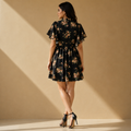 Floral Georgette Dress - Frill Neck Tie, Flutter Sleeves, Vintage Print - W-70